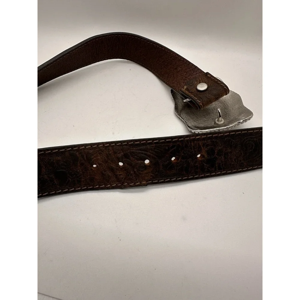 Kids Western Tooled Brown Leather Belt Bull‎ Rider Silver Gold Buckle Cowboy 29